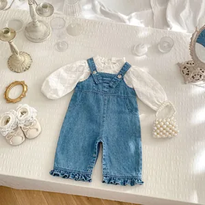 Haut à Manches Longues à Broderies Florales pour Petites Filles et Salopette en Jean Bleu à Volants Vêtements en Coton