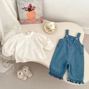 Ensemble printemps fille: salopette en jean et haut brodé à manches longues 2 pièces