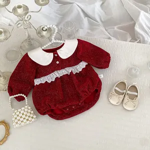 Velvet baby romper in wine red with lace trim and bow shoes for holiday parties