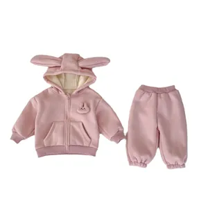 Baby girl pink winter suit with bunny ear hood and warm sherpa lining two-piece set