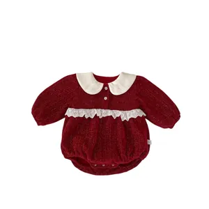 Winter baby girl red romper with gold shimmer lace collar and fleece lining for newborns