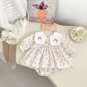 Barboteuse Robe Bébé Fille Broderie de Nœud Col Claudine en Dentelle Manches Longues Combinaison en Coton pour Fête d'Anniversaire