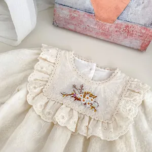 Vintage floral embroidery baby bodysuit with ruffled collar in cream white cotton fabric