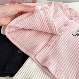 Girls ribbed knit cardigan set featuring pearl embroidery and bow detail in multiple colors