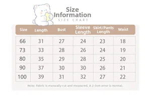 Tableau des tailles détaillé pour ensemble bébé fille avec mesures précises en cm