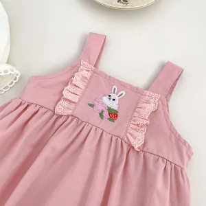 Pink cotton baby girl overall dress with cute bunny embroidery and lace ruffles