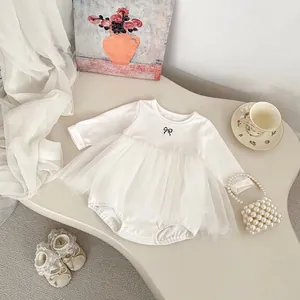 Säugling Baby Mädchen Langarm Weißer Strampler Kleid Mit Schleife Netz Tüll Tutu Rock Baumwolle Overall Body Für Den Alltag