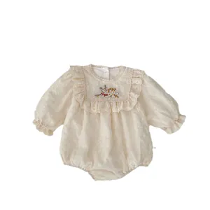 Floral embroidered baby girls long sleeve lace romper in vintage beige with ruffles