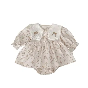 Robe barboteuse princesse pour bébé fille avec broderie nœud et col en dentelle