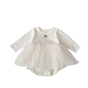 Weißes Langarm-Baby-Bodykleid mit Schleifenstickerei und Tüll-Tutu-Rock für Mädchen