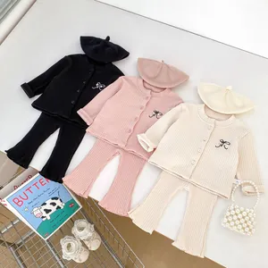 Baby Girls Ribbed Knit Top And Flared Pants With Bow Embroidery Pearl Accents Button Cardigan Cotton Blend Ruffle Trousers