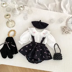 Ensemble Chemise à Col Claudine en Dentelle Vintage Français pour Bébé Fille et Barboteuse à Pois avec Nœud en Coton