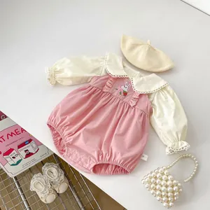Baby Girl Sweet Rabbit Embroidery Romper And Lace Peter Pan Collar Shirt Infant Spring Autumn Cotton Outfit