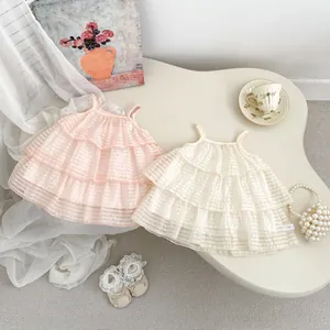 Mädchen Sommer Süßes Gestuftes Kleid Ärmellos Träger Rüschen Prinzessinnenkleid Mit Schleifenstickerei Baumwolle Netz Partykleid