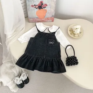Kleinkind Mädchen Jeans Trägerkleid Und Peter Pan Kragen Bluse Set Baumwolle Schleife Stickerei Rüschen Saum Süß Outfit
