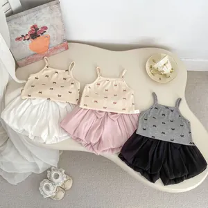 Girls Summer Bowknot Print Ribbed Camisole Top And Bloomers Shorts Cotton Baby Toddler Sweet Casual Clothing Outfit Set