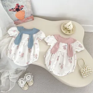 Cute baby cotton romper with bunny ear collar and adorable bear print for summer