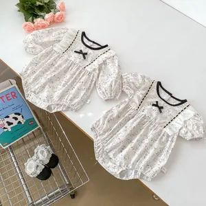 Infant Baby Girl Floral Romper Sweet Lace Bow Long Short Sleeve Cotton Bodysuit French Vintage Pastoral Style Jumpsuit For Newborn Baby Girls