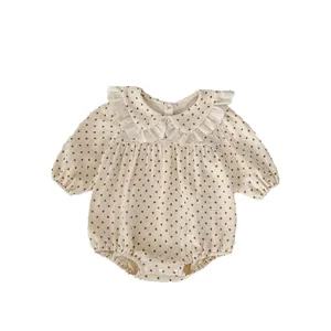 Long-sleeved baby romper with brown polka dots and white lace Peter Pan collar