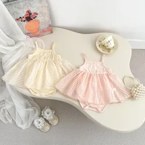 Cute baby girl summer tulle romper set with bow embroidery and lace strap details