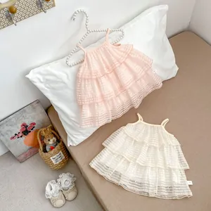 Mädchen Tüll-Trägertop mit Schleifen-Detail in Rosa und Off-White Sommer Netz-Kuchen-Stil