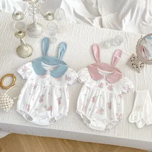 Newborn Baby Romper Summer Short Sleeve Cotton Bear Print Jumpsuit With Bunny Ears Collar Cute Infant Clothes For Girls Pink Blue