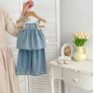 Girls Sweet Floral Embroidery Denim Camisole Top And Wide Leg Pants Soft Cotton Summer Clothing Outfits For Infants
