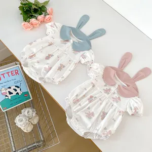 Cute baby summer romper featuring a large bunny ear collar and bear cartoon pattern