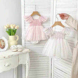 Infant girls summer fly sleeve mesh tutu romper dress with pastel rainbow stripe patterns