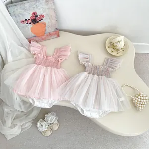 Baby Girl Summer Mesh Tutu Romper Dress Sweet Flutter Sleeve Striped Cotton Romper Birthday Party Outfit For Infant