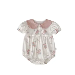 Cute baby summer romper with pink Peter Pan collar and soft bear balloon print