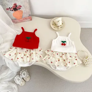 Baby Girl Summer Cami Top And Ruffle Bloomer Skirt Outfit With 3D Cherry Ribbed Cotton Infant Toddler Clothing