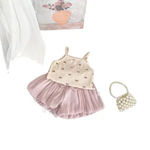 Toddler girls summer two-piece set with bow-knot camisole top and pink pleated shorts