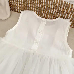 Detail of white infant dress featuring textured cotton fabric and back button closure