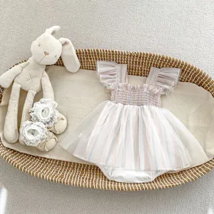Flat lay of baby girl tulle romper dress with ruffled sleeves and matching lace shoes