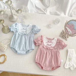 Barboteuse en Coton d'Été pour Nouveau-né Fille Douce Dentelle Nœud Volant Manches Bouffantes Body Respirant Combinaison Manches Courtes Tenue