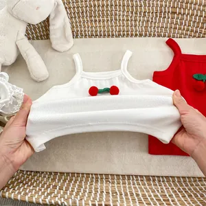 Elastic cotton baby tank top with 3D cherry applique and ribbed texture for summer wear