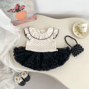 Kleinkind Baby Mädchen Sommer Bekleidungsset Polka Dot Rüschenkragen Top Und Mehrlagiger Mesh Tüllrock Baumwoll Outfit Für Party