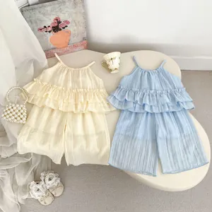 Tenue d'Été pour Bébé Fille Haut à Bretelles et Pantalon Large Volants Doux Couleur Unie Doublure en Coton Vêtements Respirants