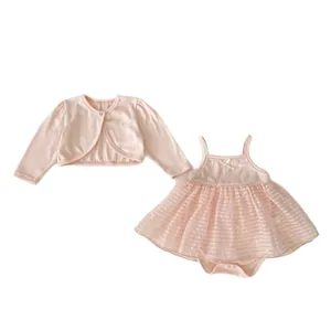 Pink baby girl two-piece set with mesh tutu romper and a long sleeve knit cardigan