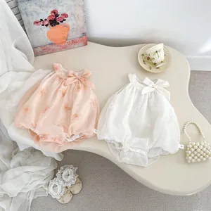 Baby Girl French Flower Embroidery Mesh Romper Sleeveless Bodysuit With Bow Summer Jumpsuit For Birthday Photo Shoot