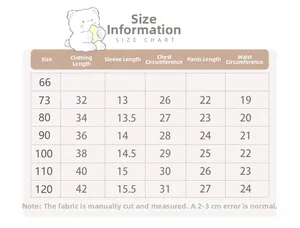 Detailed size chart for baby girls' heart outfit set showing dimensions for sizes 73-120
