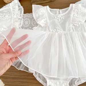 White floral embroidery baby mesh bodysuit dress with ruffled sleeves and lace details