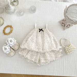 Baby girl summer polka dot camisole and bloomer set with pearl straps and bow detail