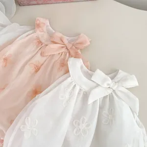 Baby girls floral embroidered rompers with large bow in soft pink and white tones