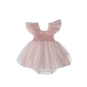 Pink striped baby romper dress with ruffled sleeves and layered tulle skirt for infants