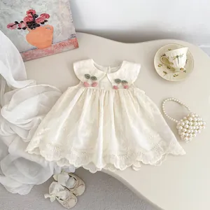 Girls sweet floral embroidery princess dress with 3D cherry accents and lace trim