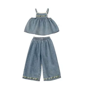 Girls denim set with floral embroidery camisole top and wide-leg jeans in light wash