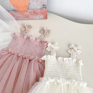 Detail of pink and cream baby tutu dress featuring lace bow straps and ruffled bodice