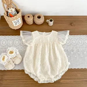 Sweet Baby Girls Floral Embroidery Romper Mesh Fly Sleeve Cotton Lining Princess Bodysuit Infant Summer Everyday Wear